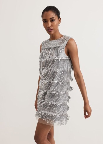 Phase Eight Lula Fringe Sequin Dress Silver USA | 2796518-JZ